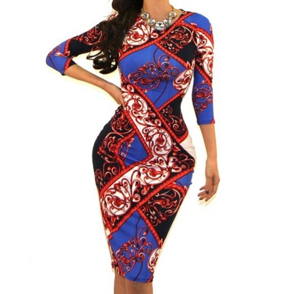 Got Style Savannah Swirl Blue Red Bodycon Party Cocktail Dress - Picture 3 of 4